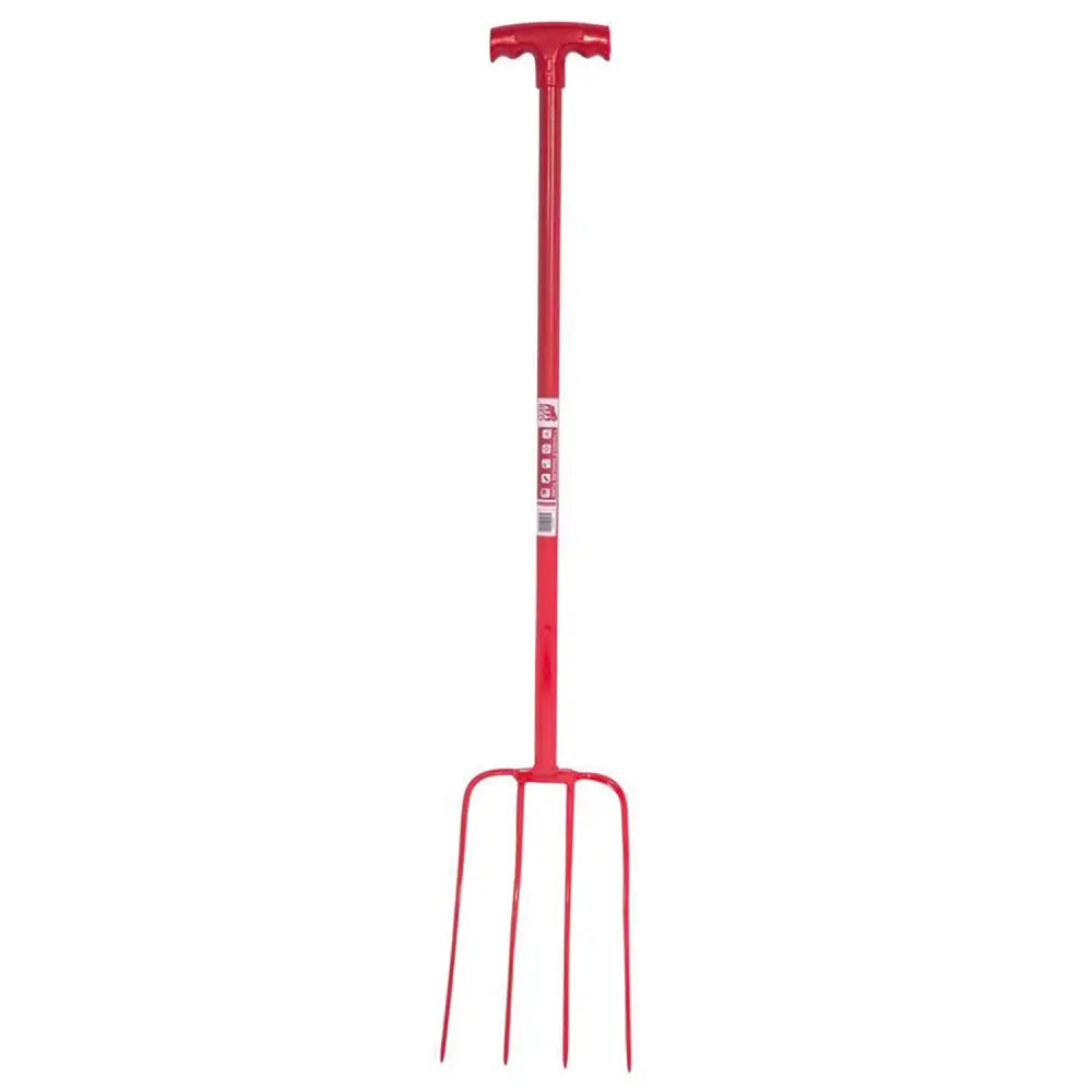 Red gorilla tubular manure fork with lightweight tubular steel shaft and four tines t-handle design
