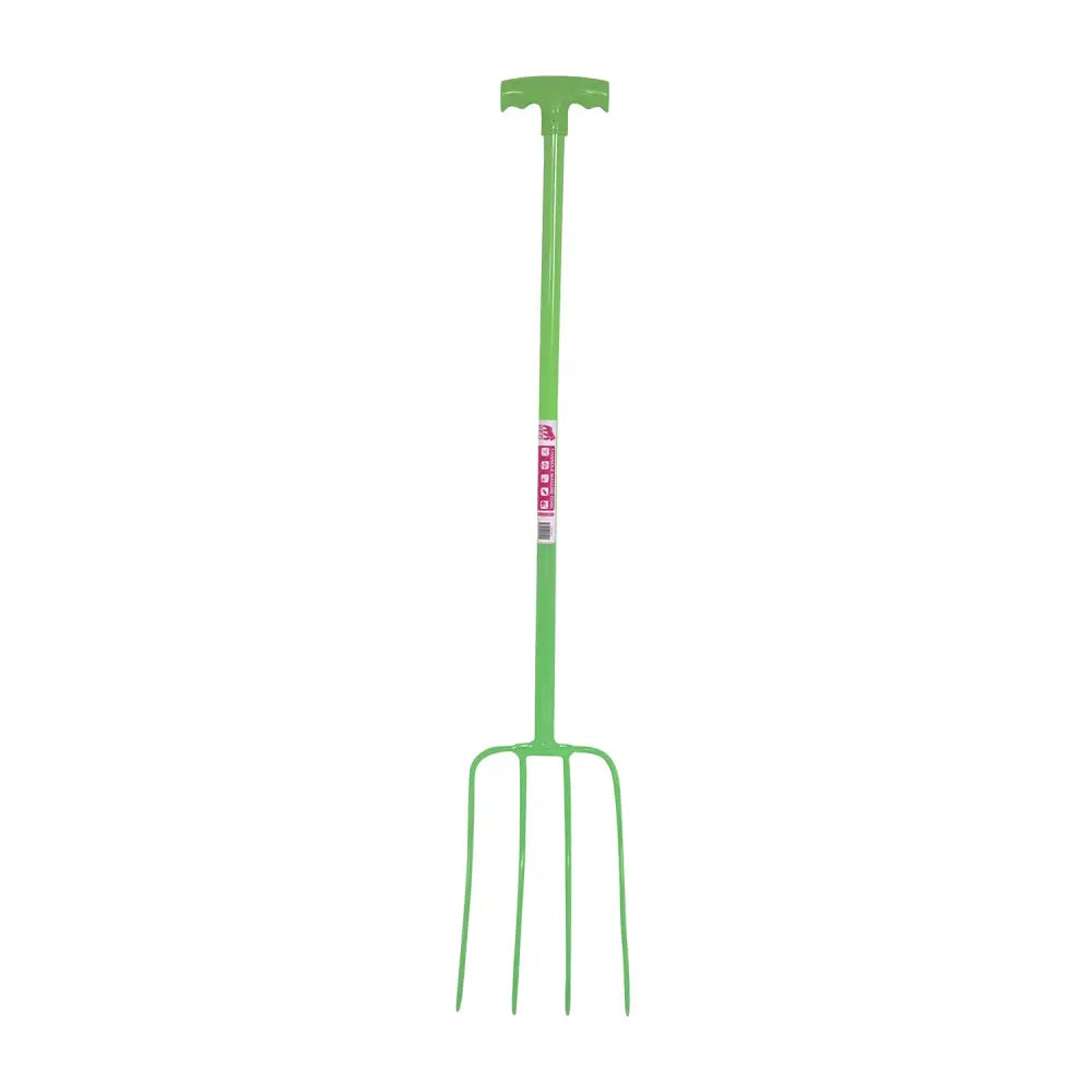 Bright green lightweight manure fork with tubular steel shaft and t-handle from red gorilla tubular manure fork series