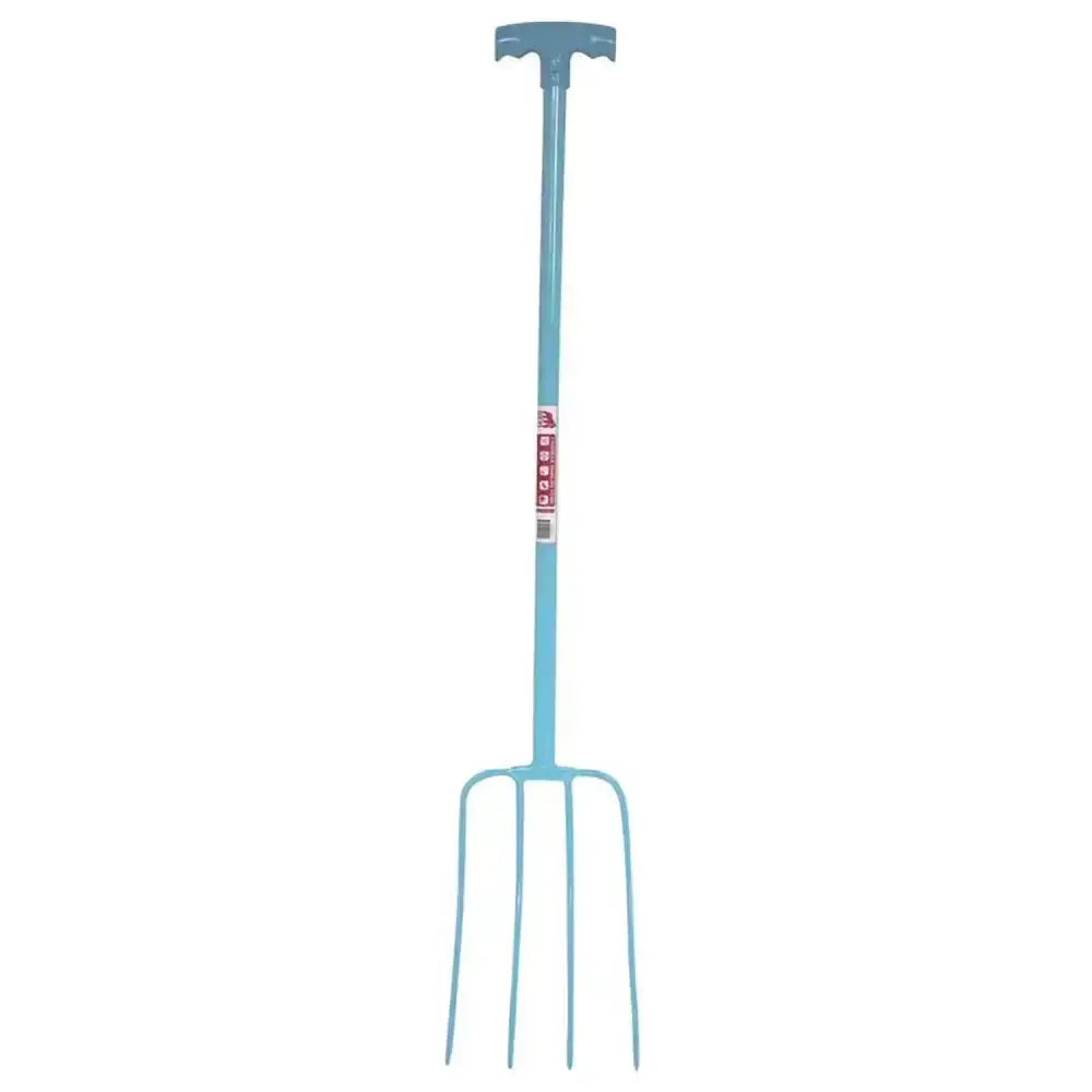 Light blue red gorilla tubular manure fork with lightweight tubular steel shaft and t-handle for easy digging