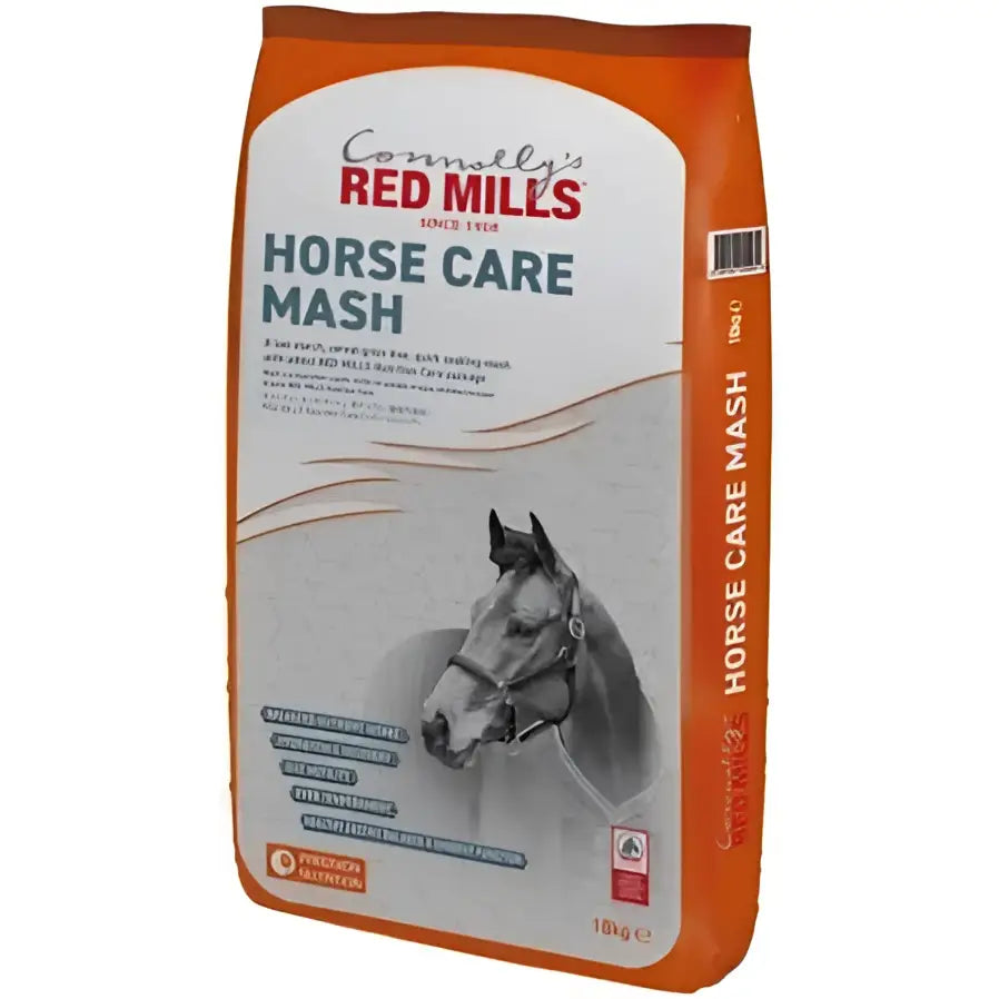 Orange and white bag of red mills horse care mash 18 kg with natural gastric buffer and grayscale horse bridle image