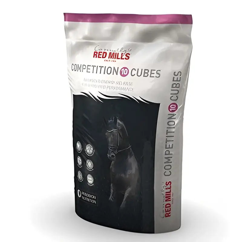 Red mills competition 10 cubes 20 kg bag with sleek white purple design black racehorse silhouette slow release horse feed