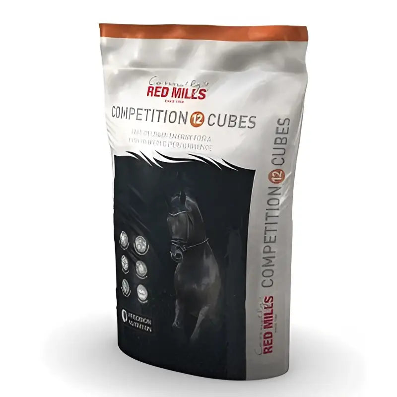 Red mills competition 12 cubes horse feed in a white and orange bag with a black racehorse silhouette 20 kg
