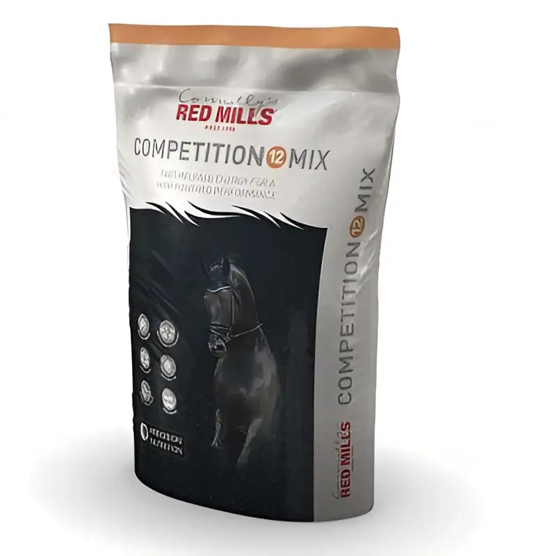 Red mills competition 12 mix horse feed in silver and orange bag with black horse image steam cooked performance muesli for fast release energy
