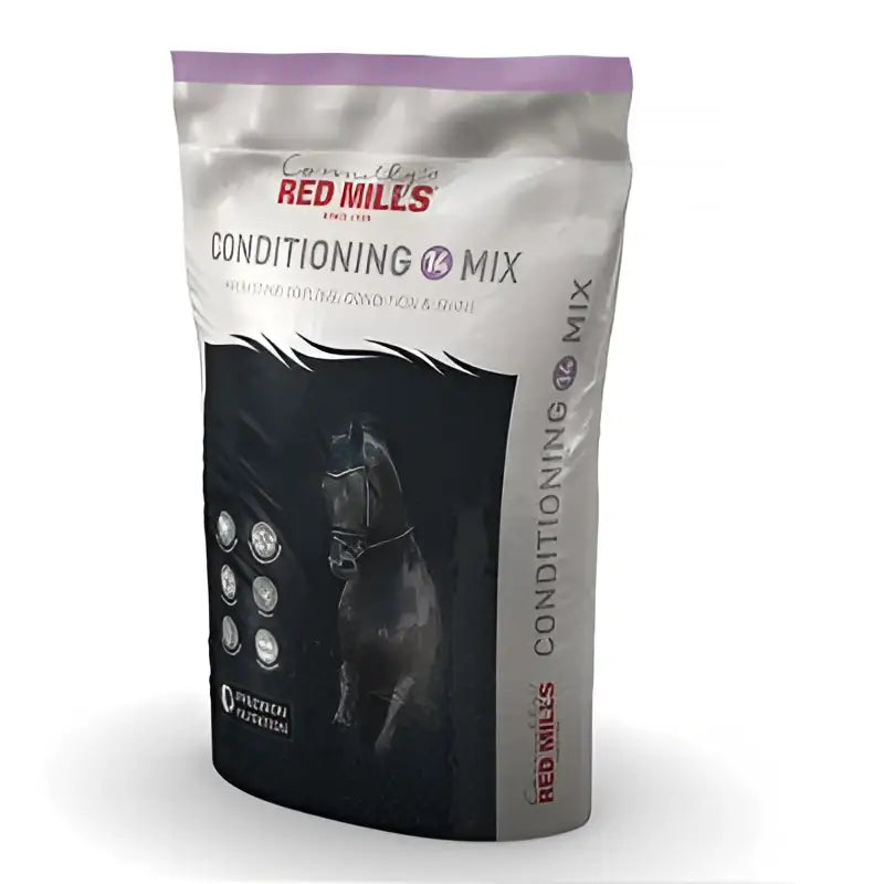 Red mills conditioning 14 mix black and silver pouch with purple accents featuring a horse steam cooked cooked barley feed