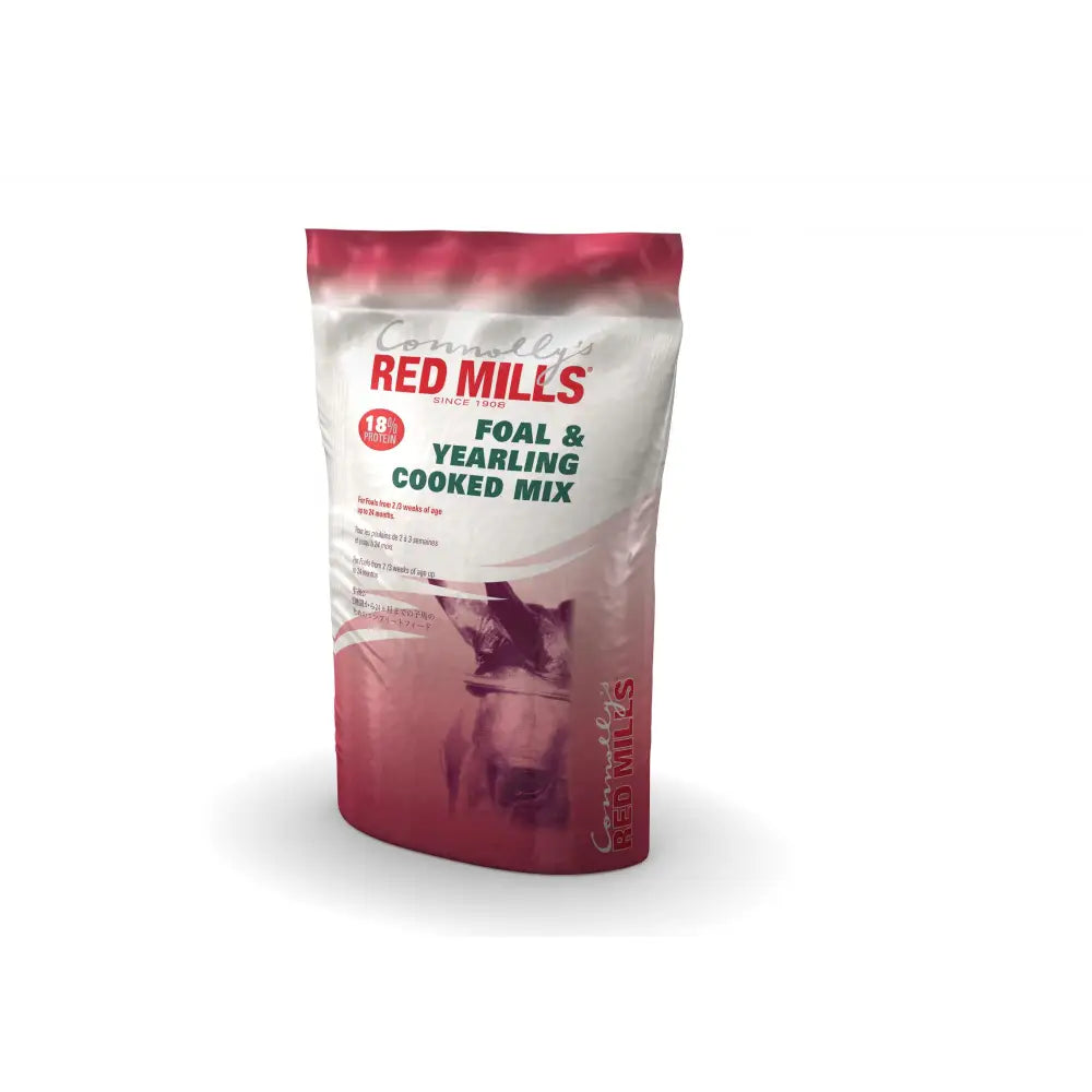 Red mills foal and yearling mix 18 percent in a red and white resealable bag with a horse image and soya bean content