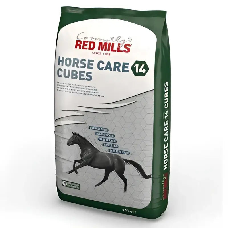Green and white bag of red mills nutrition horse care 14 cubes 20 kg high fibre feed for healthy horses