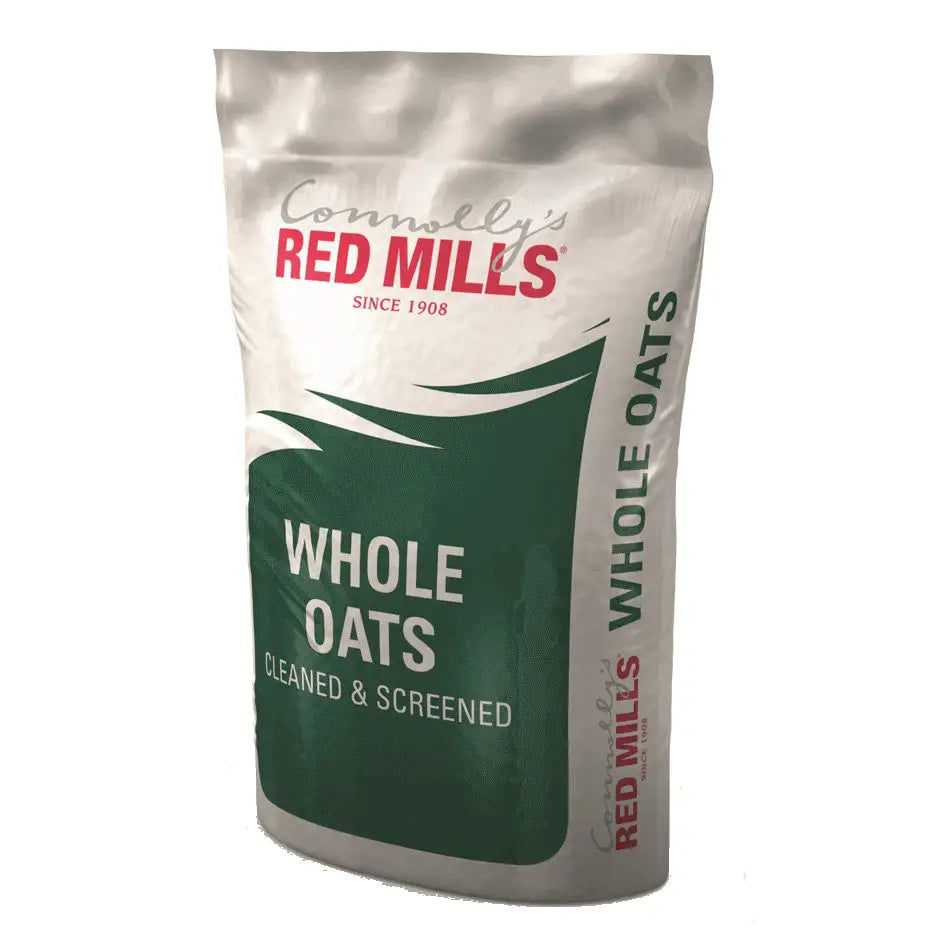 A white and green resealable bag of conway’s red mills whole oats 25 kg cleaned and screened for equestrian horses