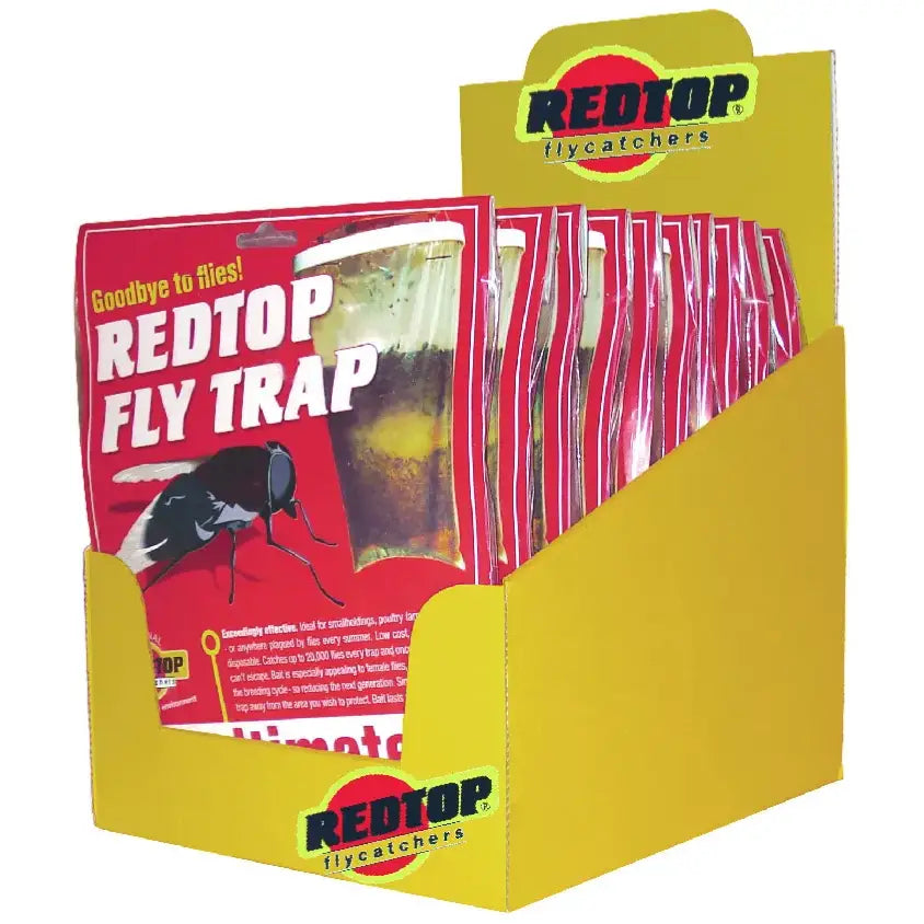 Redtop fly trap in red and yellow packaging with clear window showing internal contents low cost fly trap
