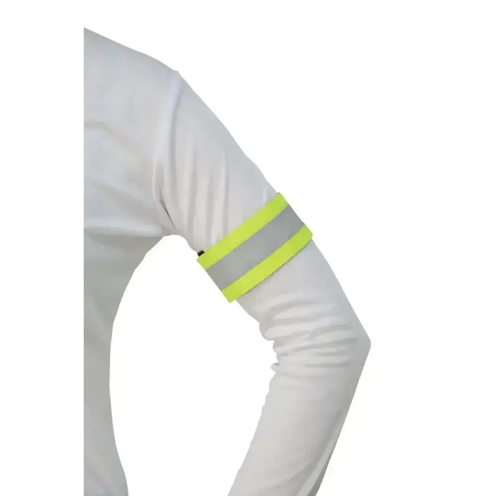 Bright neon yellow and silver reflector arm leg wraps by hy equestrian worn on white long-sleeved shirt upper arm