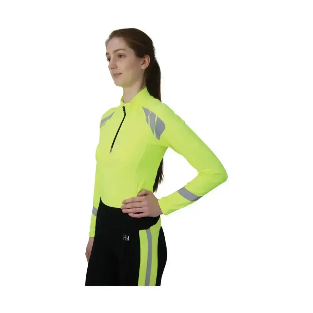Bright neon yellow reflector base layer cycling jersey with reflective gray stripes by hy equestrian