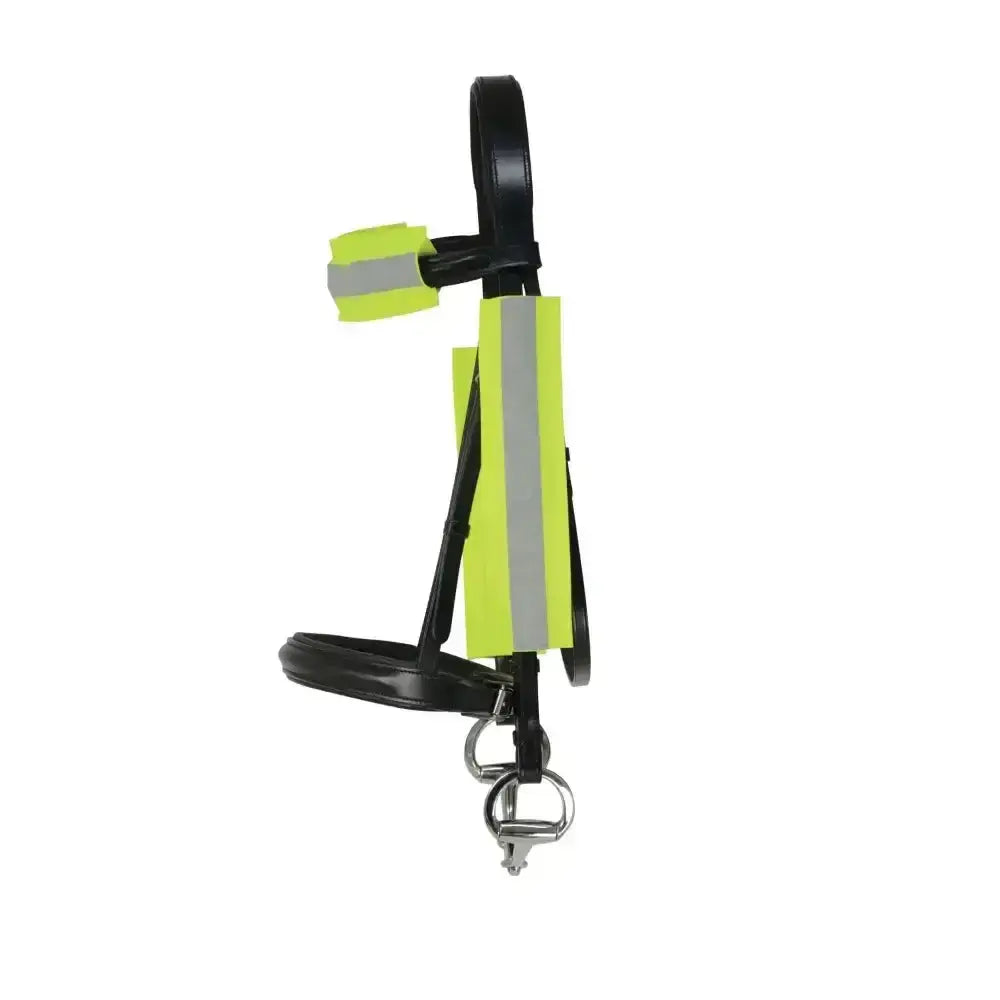 Black leather reflector bridle bands with bright yellow reflective strips and silver hardware for extra visibility by hy equestrian