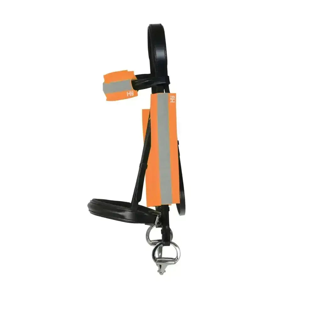 Black leather reflector bridle bands with bright orange reflective strips and silver hardware for extra visibility by hy equestrian