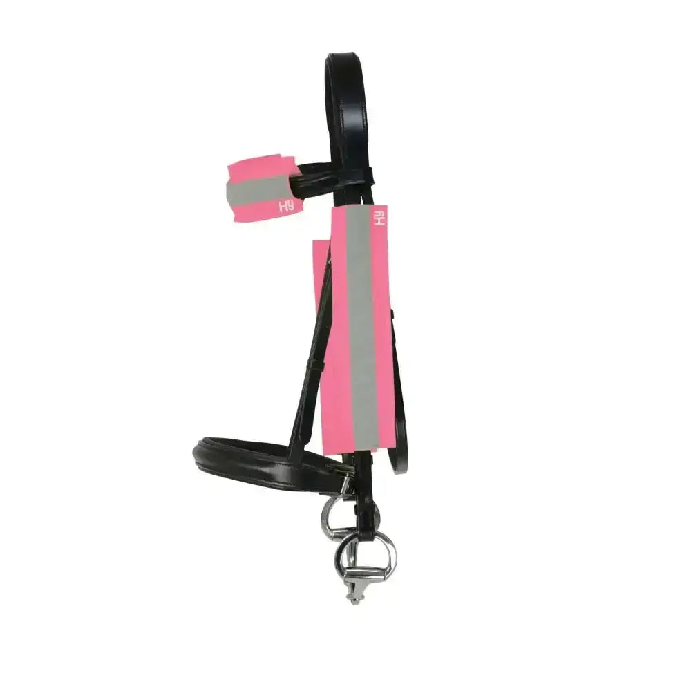 Black leather horse bridle with vibrant pink reflector bridle bands and silver hardware for extra visibility