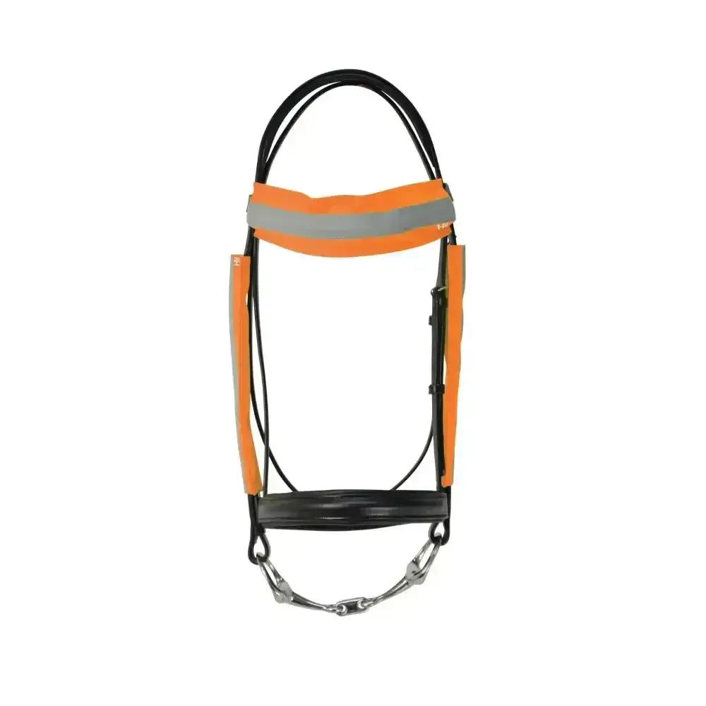 Orange and black horse bridle with reflective strips for extra visibility by hy equestrian reflector bridle bands