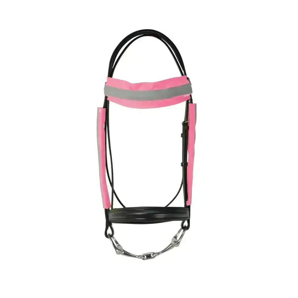 Pink and black hy equestrian reflector bridle bands with reflective strips for extra visibility on horse bridles