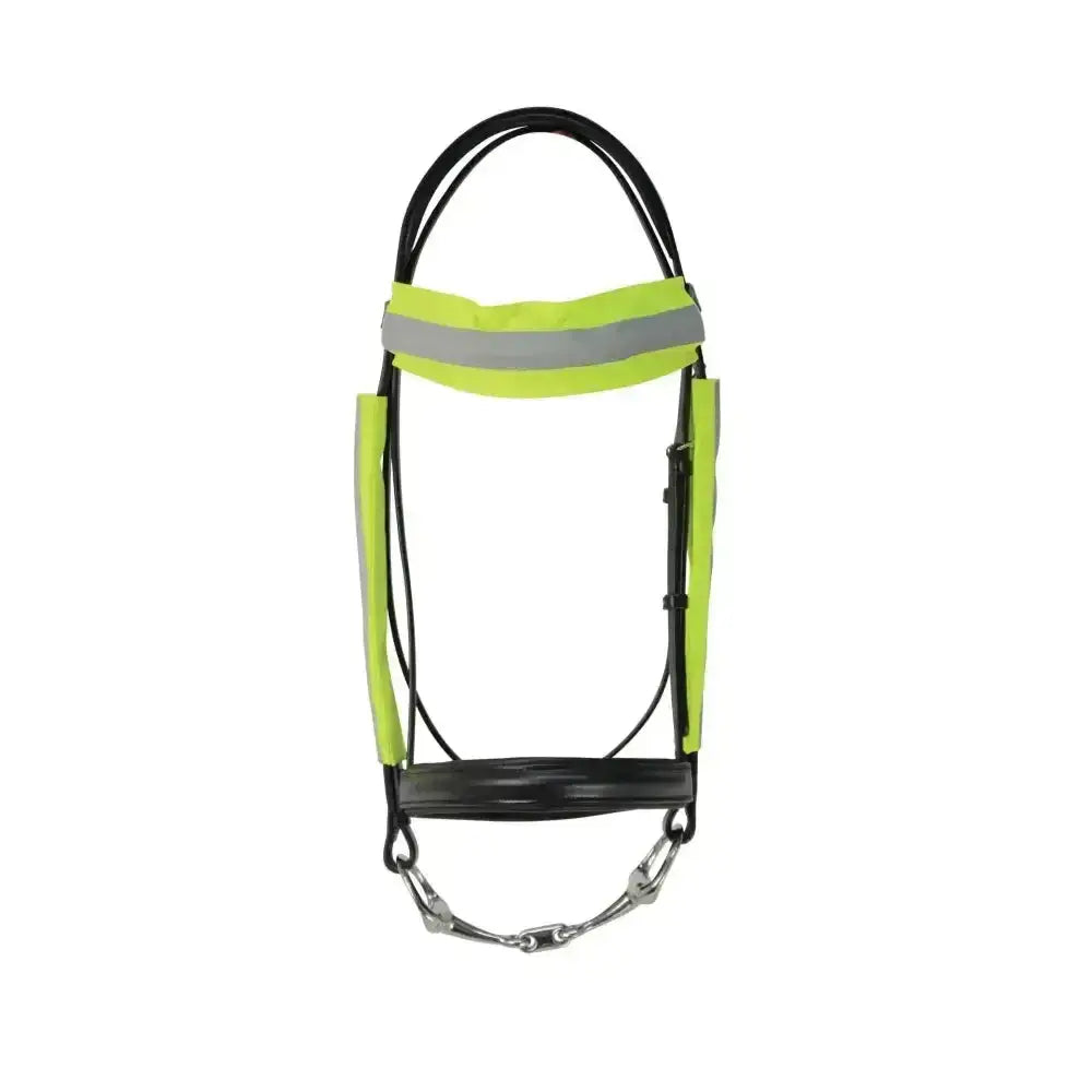 Bright lime green and black reflector bridle bands by hy equestrian with reflective strips for extra visibility