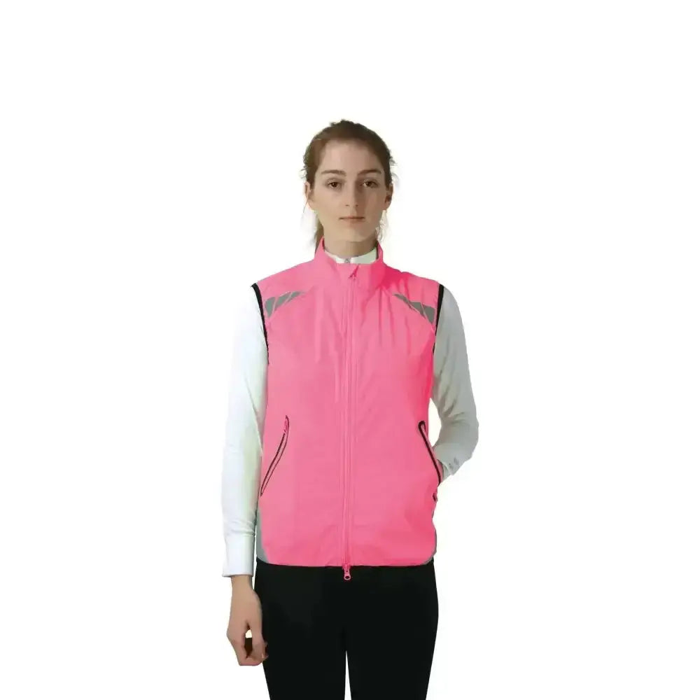 Bright pink reflector gilet by hy equestrian with reflective gray wing accents and handy zip pocket, perfect gilets & bodywarmers
