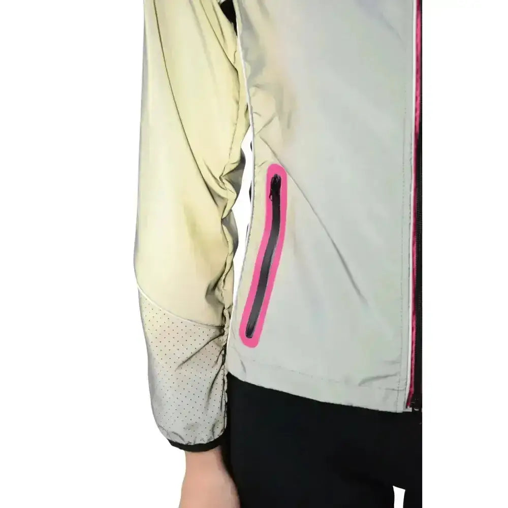 Reflector jacket by hy equestrian in light gray with pink zipper and mesh sleeves perfect for darker evenings wearing