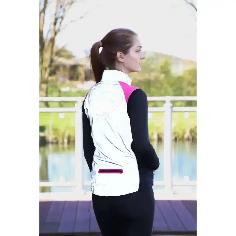 Reflector jacket by hy equestrian white reflective jacket with pink accents and magenta zipper for darker evenings wearing