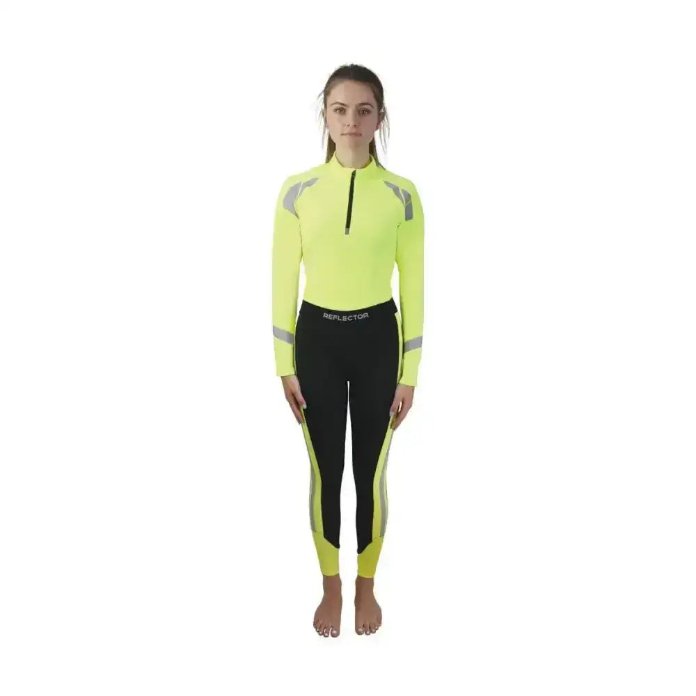 Bright neon yellow and black long-sleeved reflector riding tights by hy equestrian with reflective stripes for eye-catching riding
