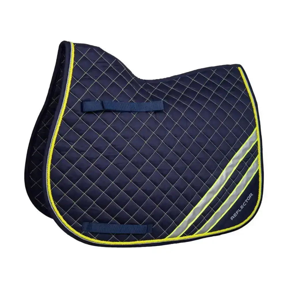 Navy blue quilted reflector saddle pad with neon yellow and silver reflective stripes from hy equestrian