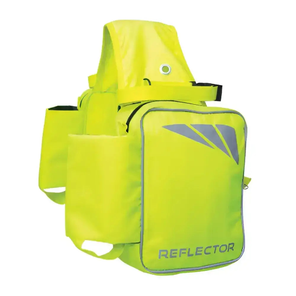 Bright neon yellow reflector saddle pannier by hy equestrian with gray triangular reflectors and black trim