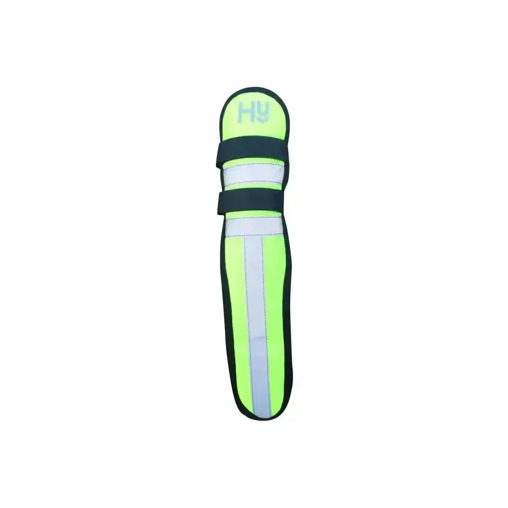 Bright neon green reflector tail guard knee pad by hy equestrian with black straps touch tape fastenings and fleece underside