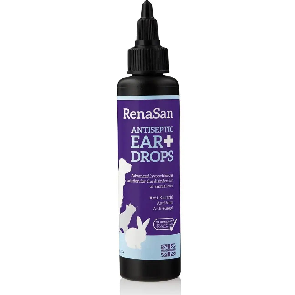 Renasan antiseptic ear drops 100ml in a black bottle with purple and light blue label featuring white animal silhouettes