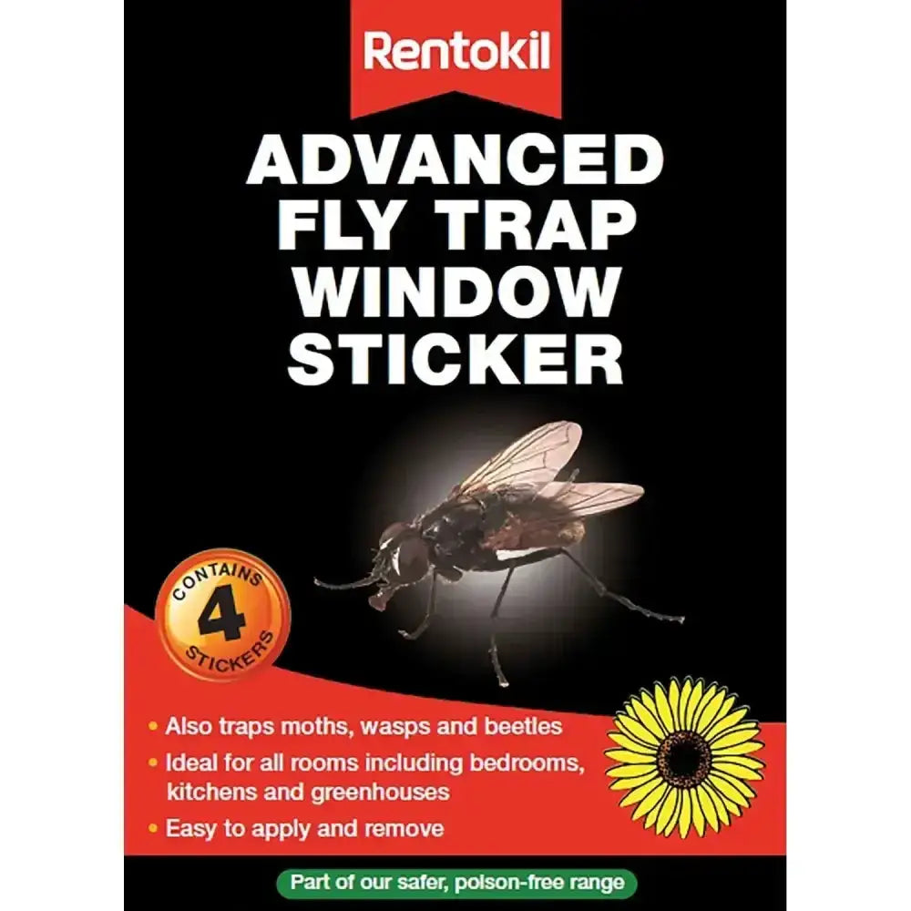 Rentokil advanced fly trap window sticker with realistic black and silver fly design on glossy adhesive surface