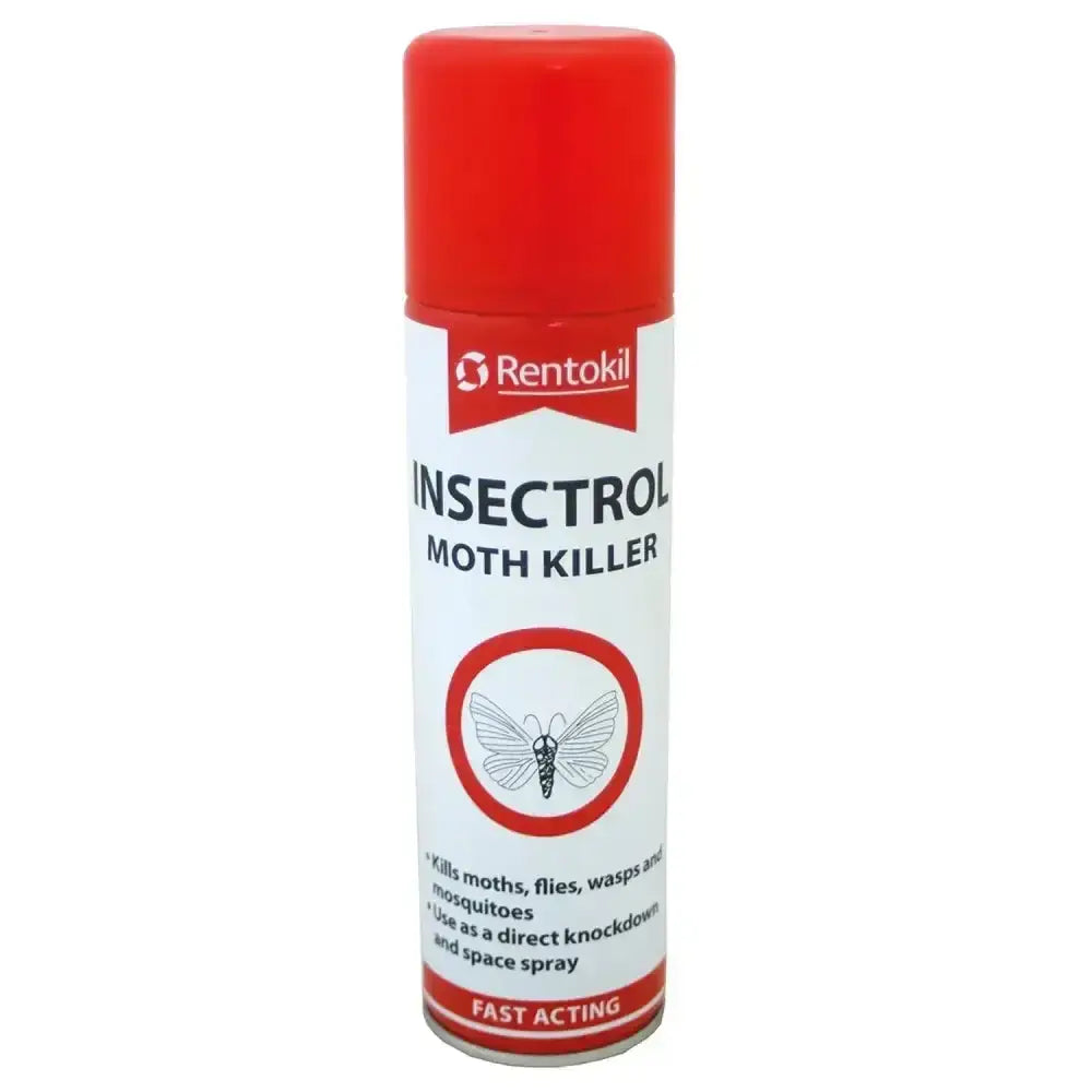 Red and white aerosol can of rentokil insectrol moth killer spray for fast control of moths and larvae