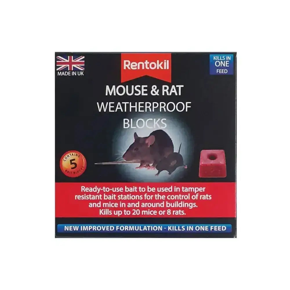 Rentokil mouse and rat weatherproof blocks in red square shape designed as tamper resistant bait for pests