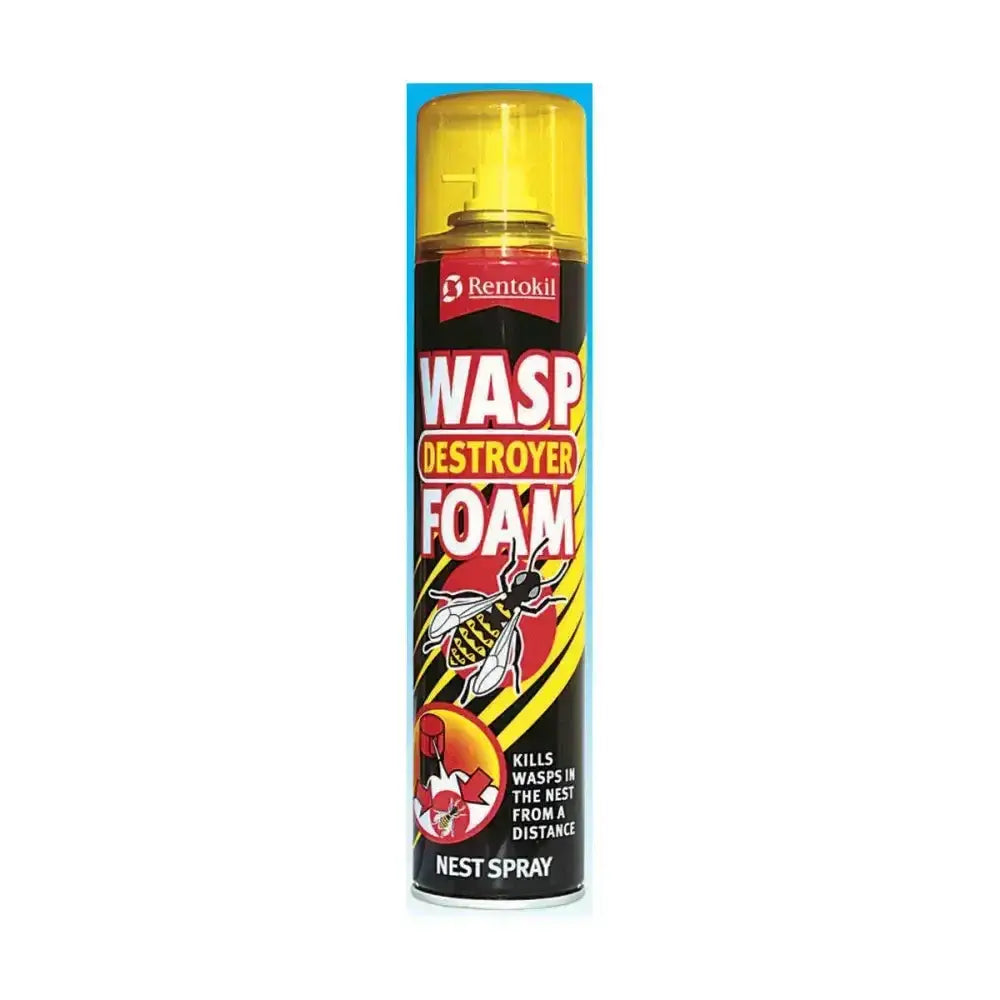 Rentokil wasp destroyer foam in a black aerosol can with yellow red label featuring an illustrated wasp and fast-action foam