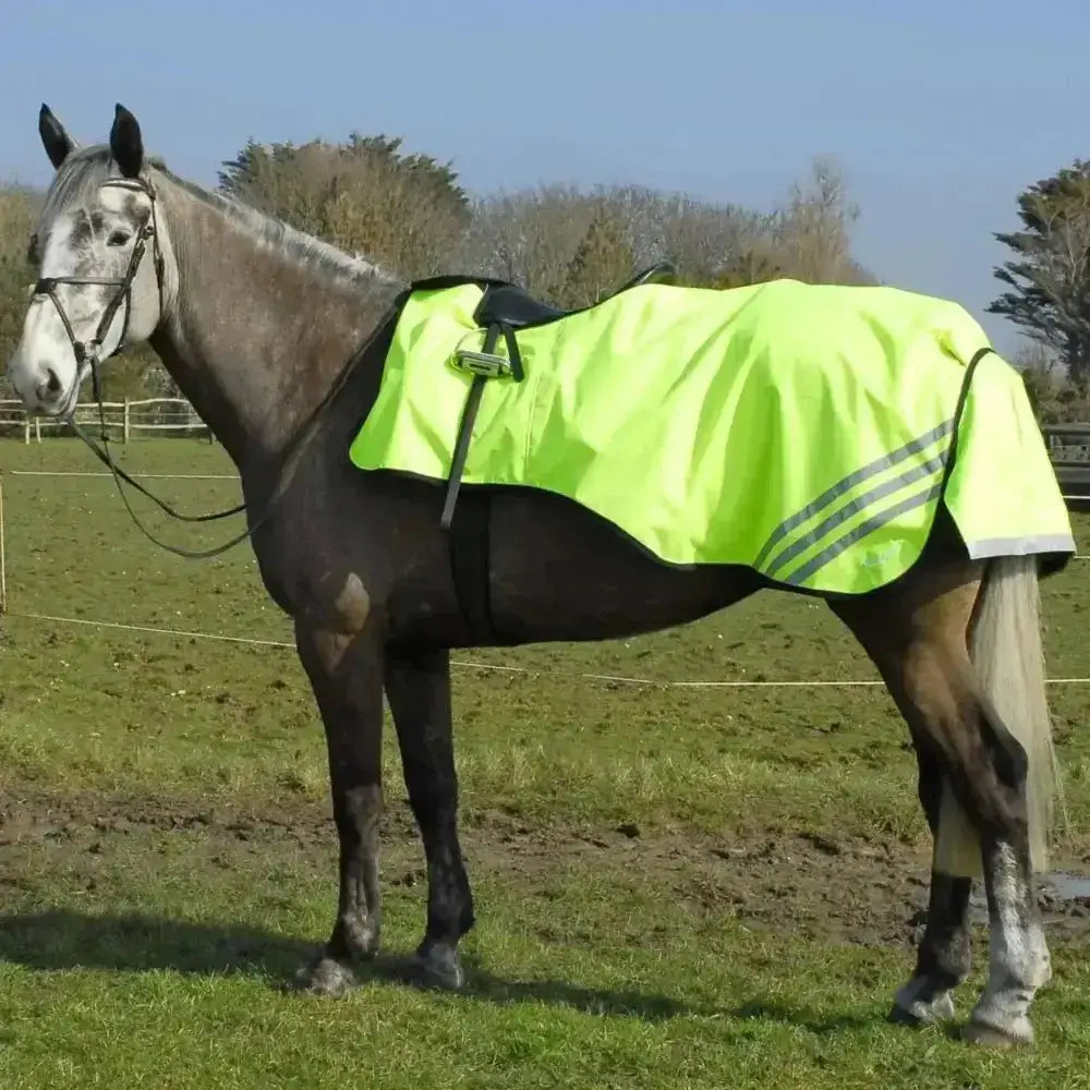 Bright neon green rhinegold 3/4 length waterproof horse blanket with cutaway design black straps and gray stripes