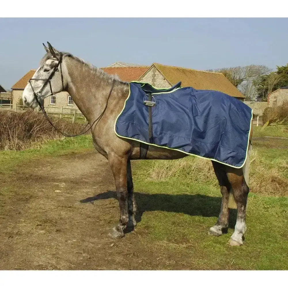 Navy blue rhinegold 3/4 length cutaway design waterproof ride-on rug with lime green trim and black straps