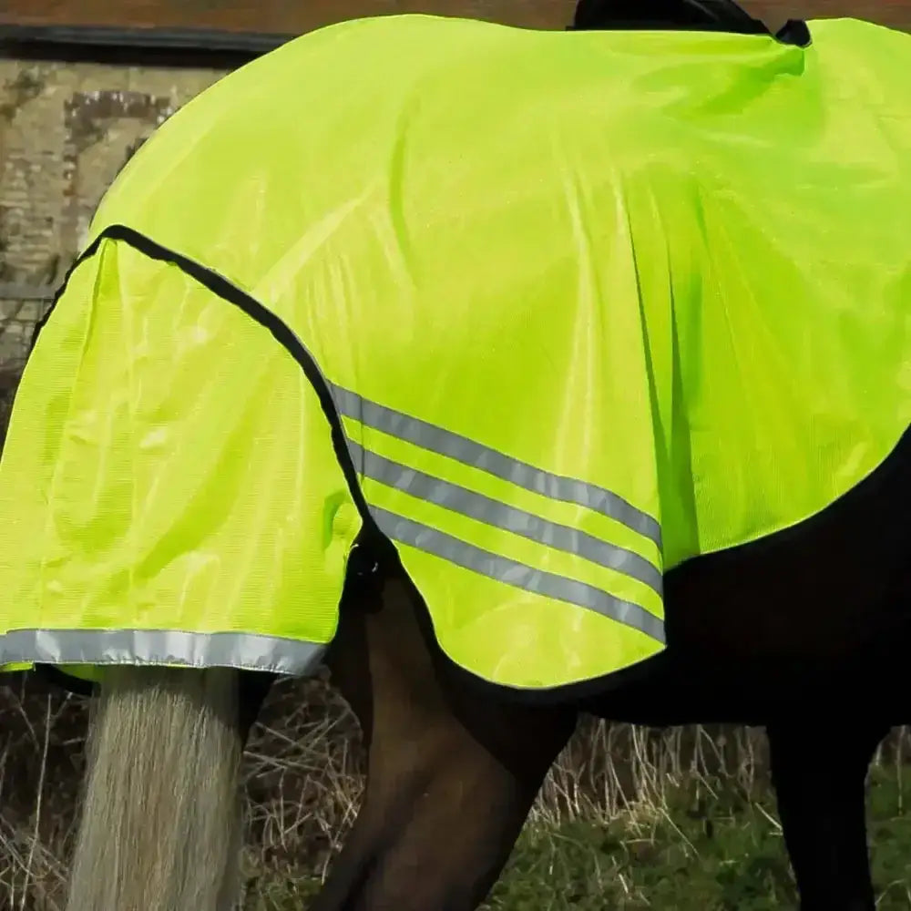 Bright neon yellow mesh ride horse blanket with black trim and gray stripes in rhinegold 3/4 length cutaway design
