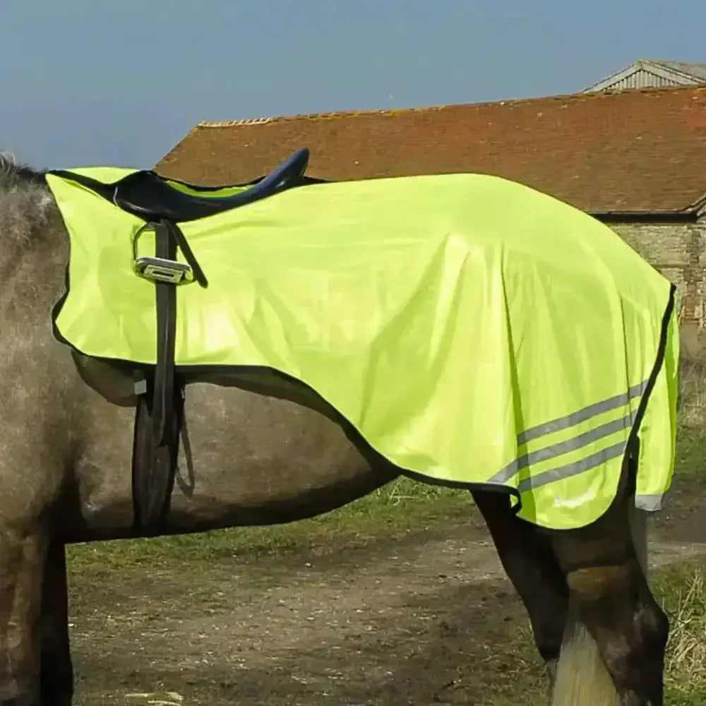 Rhinegold bright lime green reflective horse blanket with black trim and silver stripes in length cutaway design yellow mesh ride style