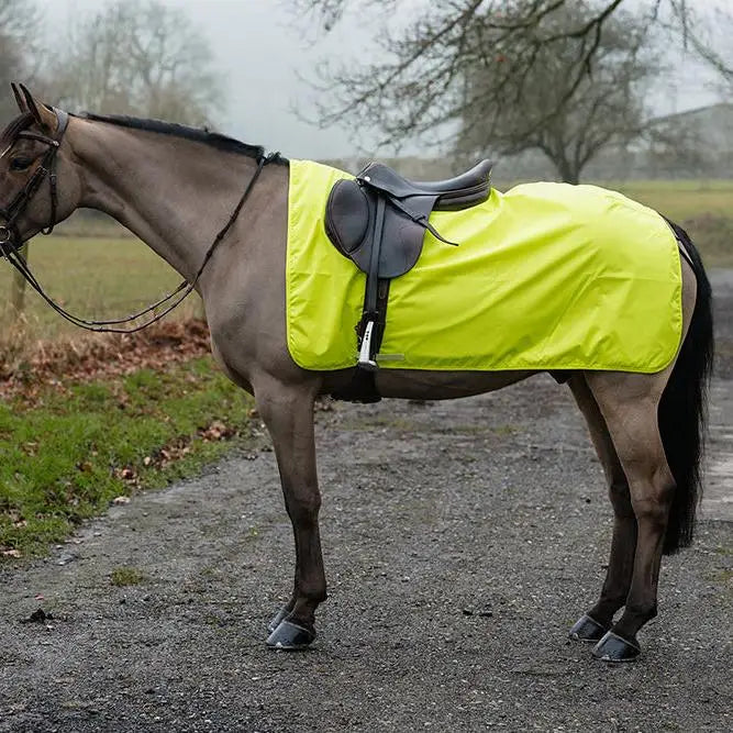 Bright neon yellow rhinegold 3/4 ride on rug waterproof with black straps and saddle perfect soft fleece exercise sheets