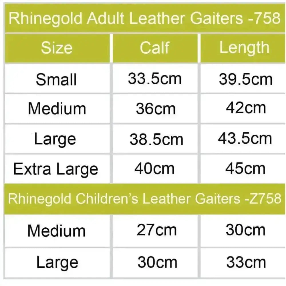 Rhinegold adult and children leather gaiters in soft black leather with comfortable elasticated leather and size specs