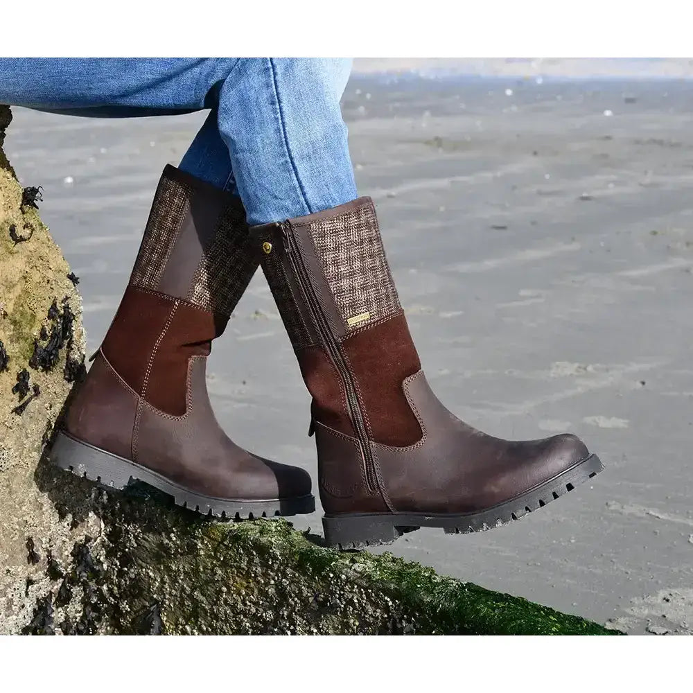 Brown leather rhinegold albany tweed country boot with textured patch on upper and zipper closure