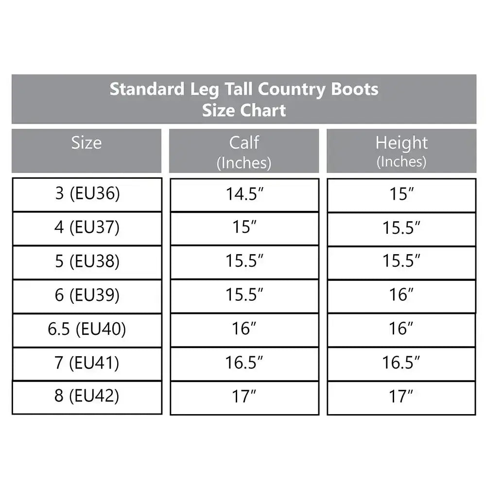 Standard leg tall rhinegold beaumont country boot size chart showing calf and height measurements in inches for euro sizes