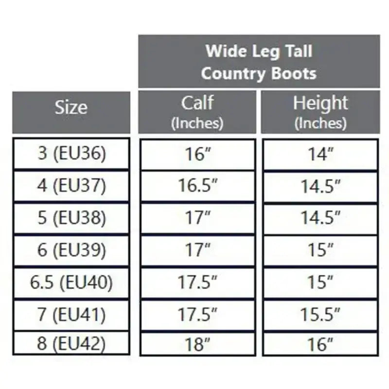 Size chart for rhinegold beaumont country wide calf tall boots showing calf and height measurements in inches
