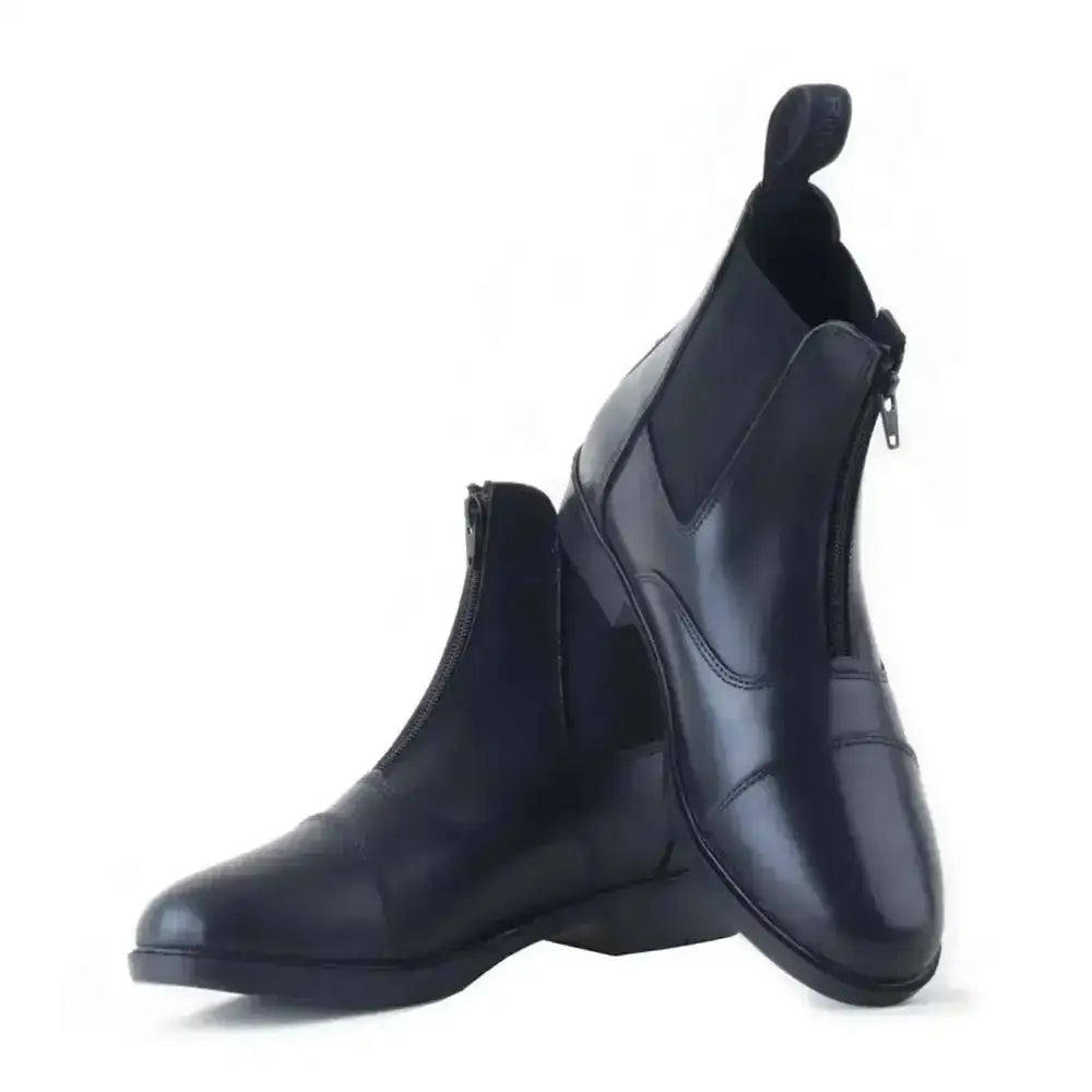 Black leather rhinegold boston zip paddock boots with glossy finish and elastic side panels for riding use