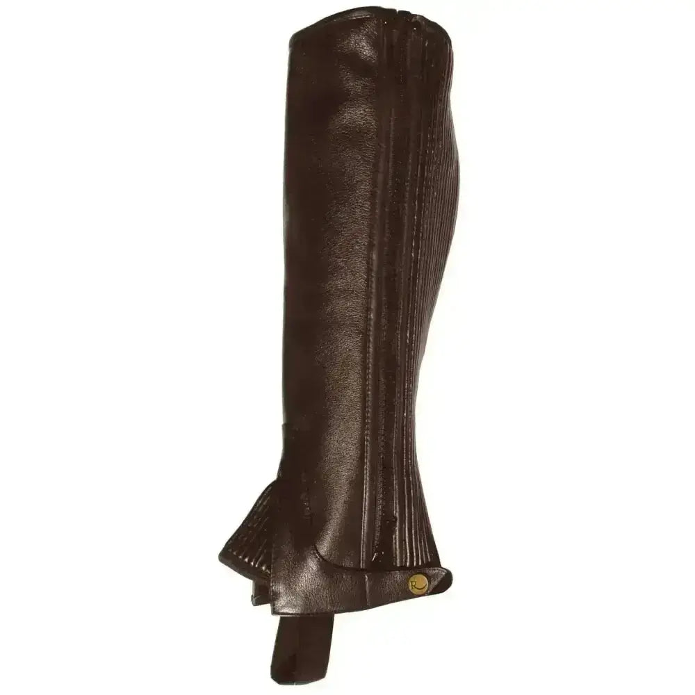Brown leather Rhinegold child leather gaiters with vertical pleats and gold snap for comfortable elasticated fit
