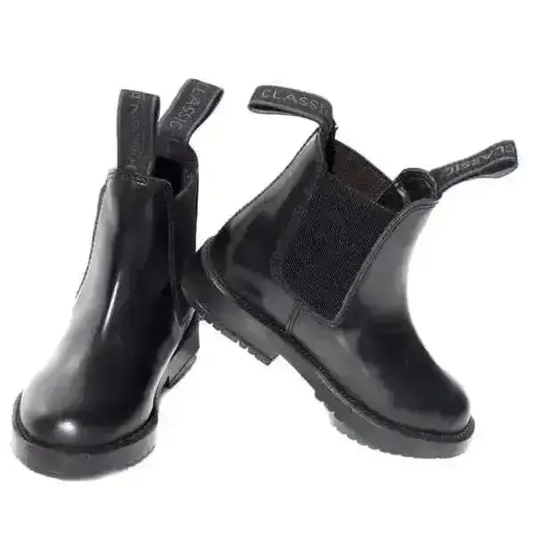 Black patent leather jodhpur boots with elastic panels and chunky soles from rhinegold childrens classic range