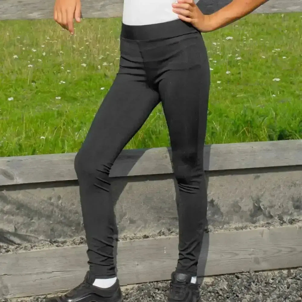 Black rhinegold childrens everyday riding tights with smooth stretchy fabric and subtle seam detailing