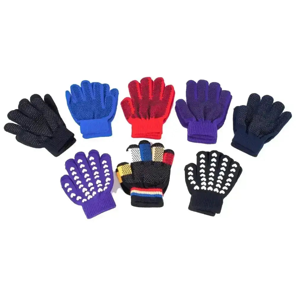 A set of colorful Rhinegold children’s magic gloves with pimple grip palm and heart patterns in blue red black and purple