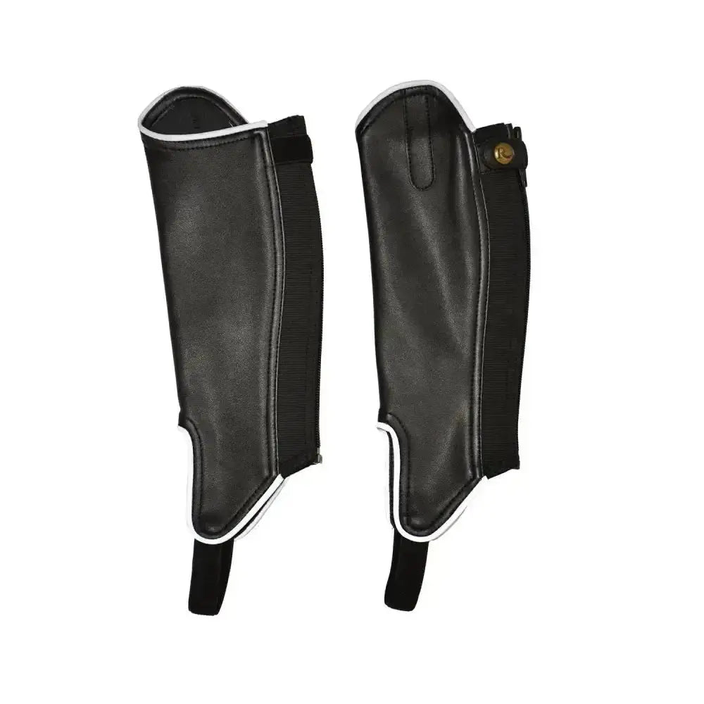 Black leather childs synthetic gaiter with reflective trim and adjustable straps featuring elasticated rear panel