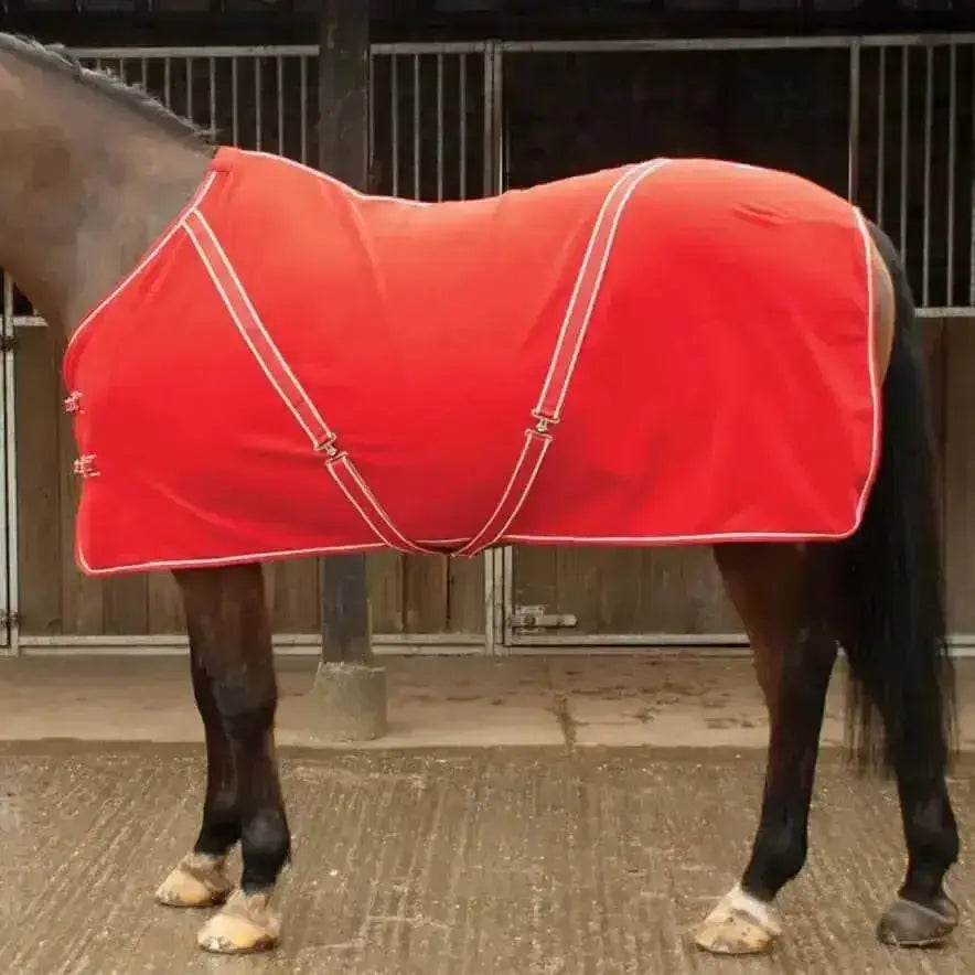 Bright red rhinegold comfey fleece rug with white trim and adjustable straps made from anti-pill material