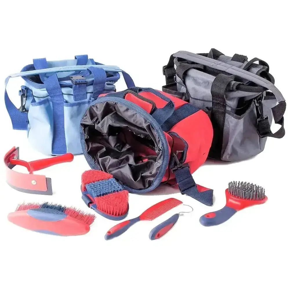 Rhinegold complete soft touch grooming kit with red and blue brushes comb and tools in colour co-ordinated bags