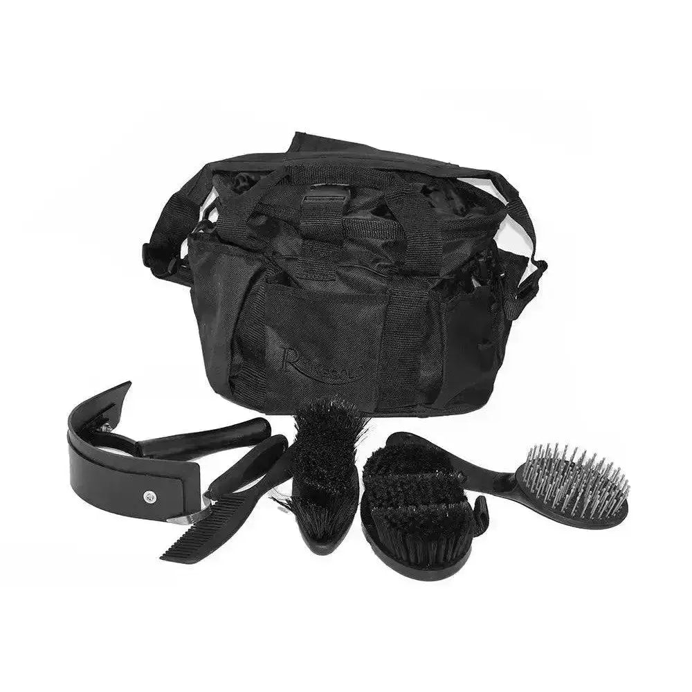 Black plastic rhinegold complete soft touch grooming kit with assorted brushes and comb in a matching fabric bag